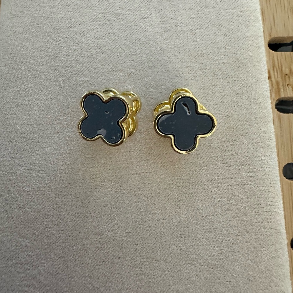 Chic Gold and Black Clover Earrings - Picture 2 of 5